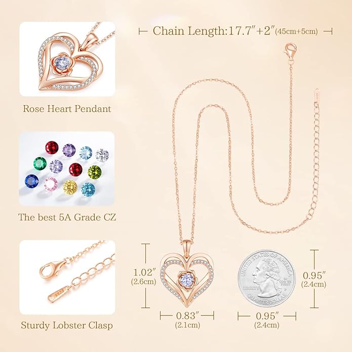 CDE Christmas Gifts for Women S925 Silver Rose Gold Heart Birthstone Necklaces for Women，Ideal Anniversary or Birthday Jewelry Gifts for Wife Girlfriend Her