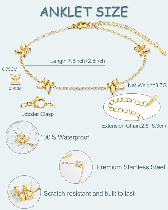 Gold Ankle Bracelets for Women Waterproof - 18K Gold Plated Stainless Steel Dainty Heart Anklets, Non Tarnish Meaningful Gifts for Her Sister Best Friend or Yourself