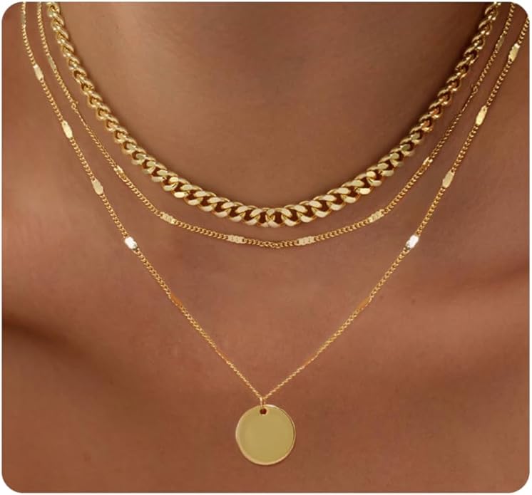 Layered Gold Silver Necklaces for Women, Stackable Stack 14K Real Gold Plated Silver Chain Necklace Diamond Circle CZ Layering Pendant Necklaces Trendy Gold Jewelry Set Gifts