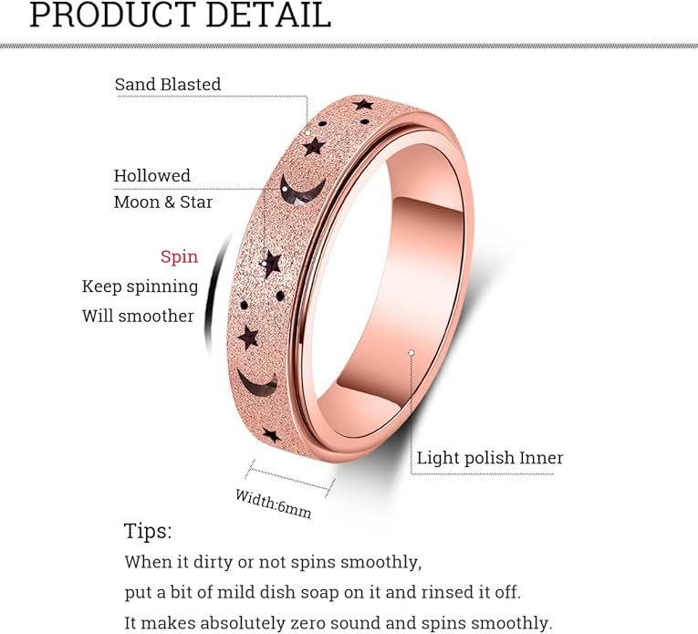 AmorArtSky Anxiety Ring for Women Men, Titanium Stainless Steel Spinner Ring, 5 Colors, 6MM, Size 6-10, 3 Styles Anxiety Ring-Moon Star, Sandblasted Finished, Hollow Outer