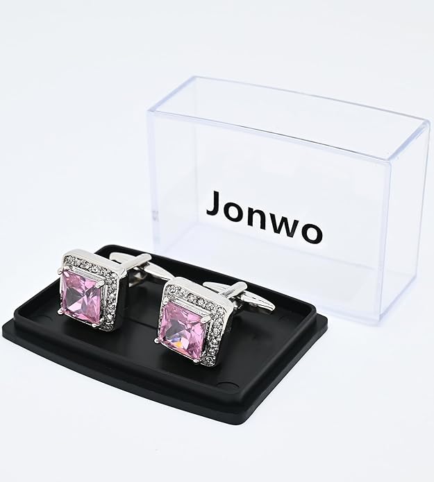 Jonwo Pink Crystal Square Silver Cufflinks for Men Lady In Gift Case Classic Faceted Gemstone Men's Cufflinks Jewelry Set for Wedding Anniversary Business Party Events Tuxedo Dress