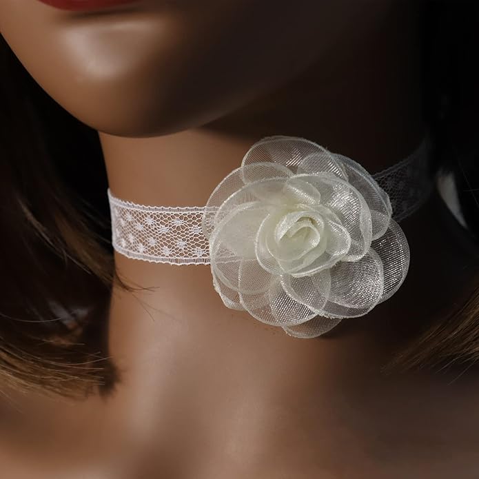 Black Choker Camellia Flower Lace-up Necklace For Women