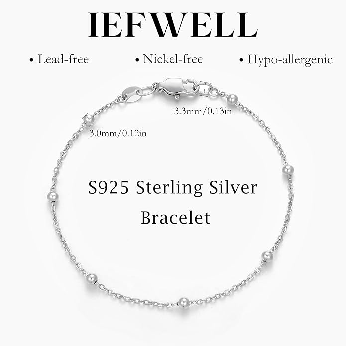 IEFWELL S925 Sterling Silver Bracelet for Women - Solid 14K-Real-Gold-Plated Satellite Bead Chain Bracelet, 6.5/7/7.5/8/8.5/9 Inches Sterling Silver Chain Bracelets, Jewelry Gifts for Women