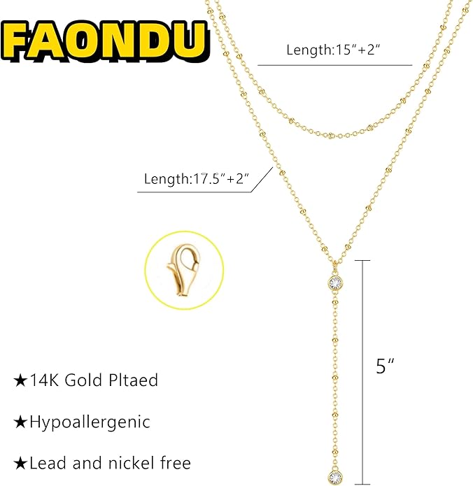 Lariat Long Necklace for Women Trendy Layered Y Necklace Dainty Pendant Drop Dangle Necklace Y-Shaped Necklace Simple CZ Necklace for Women Jewelry