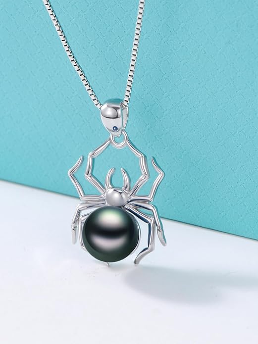Tahitian Black Pearl 9MM AAAA 18K White Gold Plated Sterling Silver Spider Pendant Necklace for Women Wife Mom Girlfriend Her Jewelry Gift for Anniversary Birthday Halloween