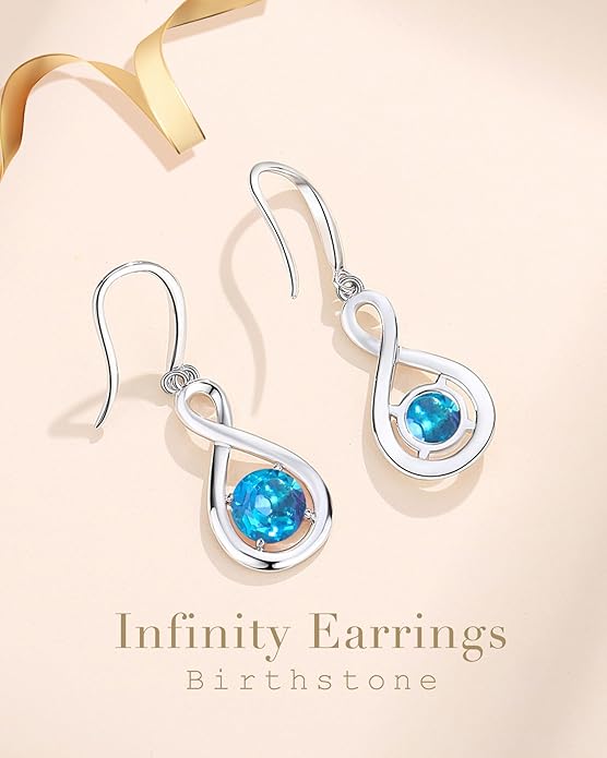 FANCIME Dangle Drop Earrings 925 Sterling Silver Dainty Infinity Round Gemstone Birthstone Jewelry Birthday Gifts for Her Women