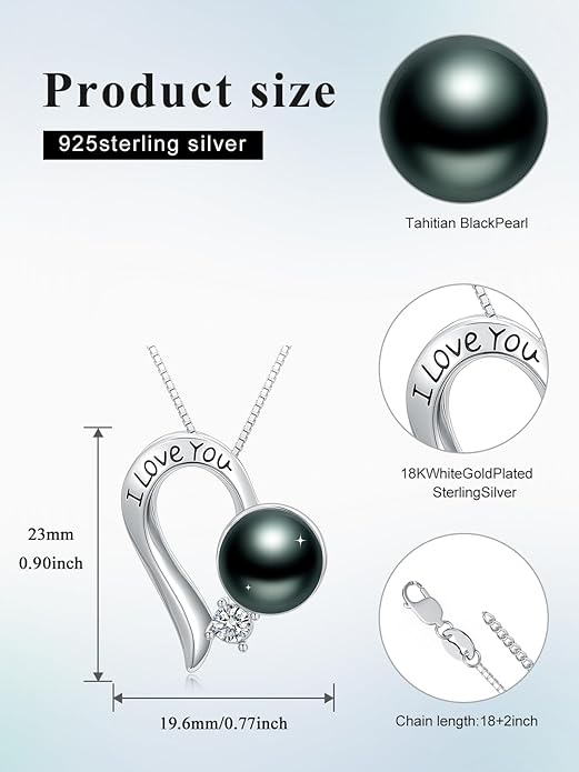 KANNSOAR Tahitian Black Pearl 18K White Gold Plated Sterling Silver Heart/Infinity/Four Leaf Clover Pendant Necklace Jewelry Gifts for Women Wife Mom Girlfriend Wedding Birthday Anniversary Christmas