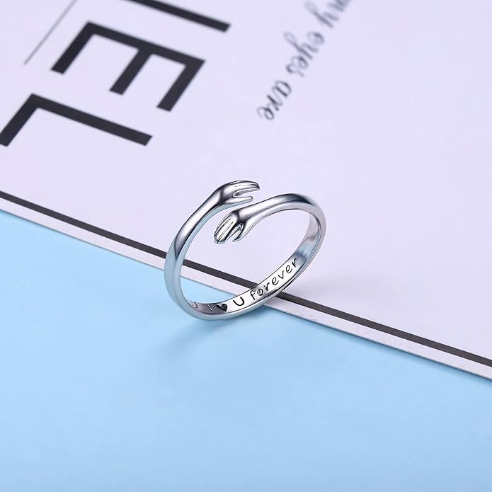 Yesteel S925 Sterling Silver Hug Ring for Women Teen Girls, Adjustable Ring Jewelry Mothers Day Birthday Gifts for Daughters Mom Sister Wife Friends Grandma