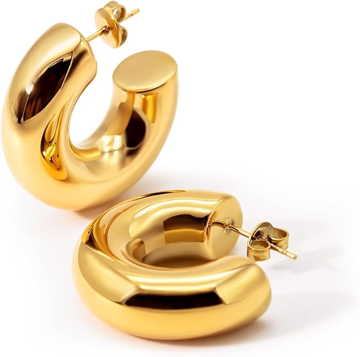 8YEARS Chunky Gold Hoop Earring for Women, 18K Gold Plated Lightweight Thick Hoops, Hypoallergenic Trendy Jewelry for Gift