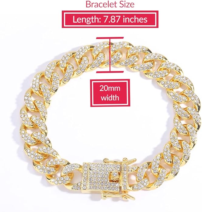 EMESLY Miami Cuban Link Chain 14K Gold Plated Necklace (16, 18, 20, 22, 24, 30 Inches Length); Hip Hop Bracelet (8" Length) for Men & Women; Perfect Iced Out Bling Jewelry Gift