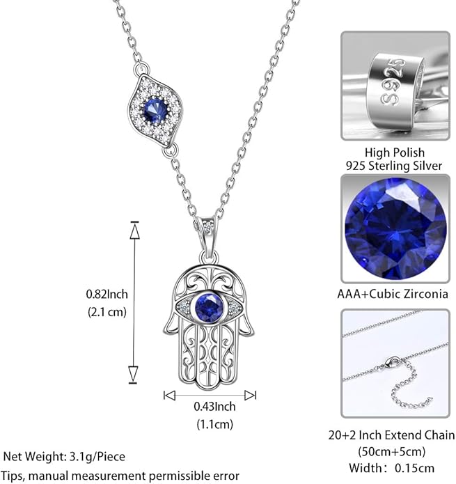 Evil Eye Necklace Evil Eye Hamsa Hand of Fatima Necklace 925 Sterling Silver Fine Jewelry Gifts for Womens White Blue CZ Third Eye Stud Earrings Turkish Eye Ring Hamsa Hand Jewelry Set Gifts Valentine Day Chrismtas Gifts