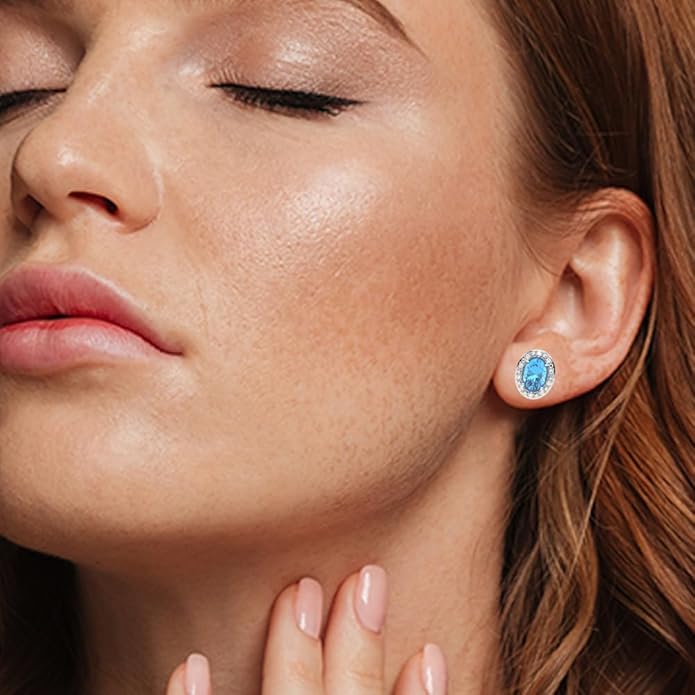 10K White Gold Oval Gemstone and Natural Round Diamonds Stud Earrings for Women - Hypoallergenic Trendy Ladies Earrings for Women - Jewelry Gifts for Wife