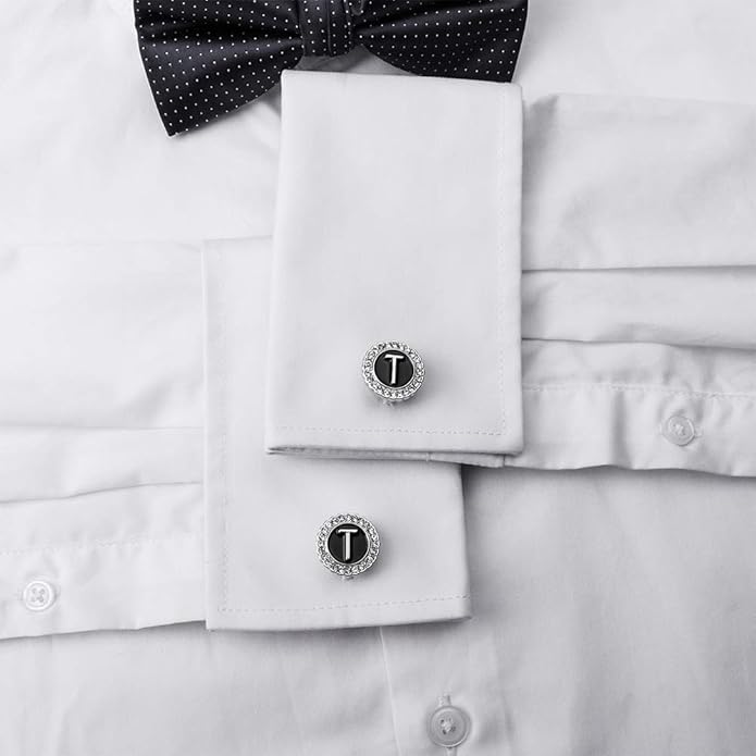 HAWSON A-Z Initial Cufflinks for Men and Women with Clear Crystal, Gold Silver Color Rasied Letter A-Z Cuff Links for French Shirt, Gift for Normal and Business Wearing