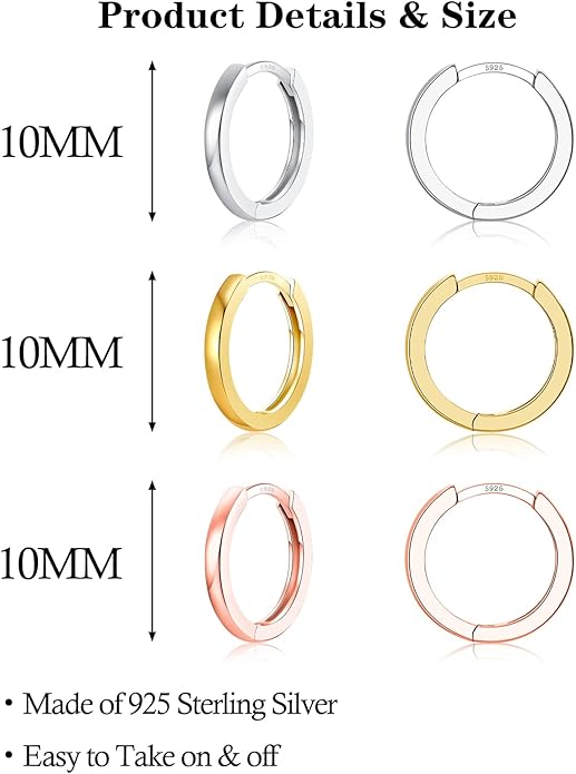 3 Pairs 925 Sterling Silver Hoop Earrings 14K White Gold Plated Small Silver Hoops Cartilage Huggie Earrings for Women Men