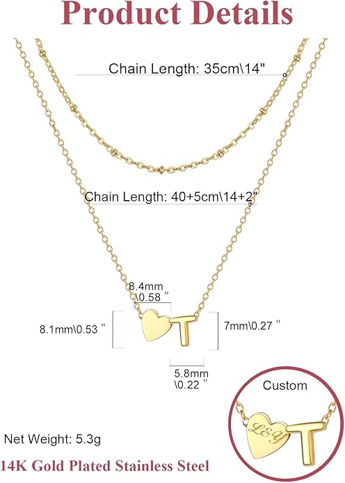 FOCALOOK Layered Initial Necklace for Women, 14K Gold Plated Choker Necklaces Stacks with Initial A-Z, Dainty Silver Heart Pendant Necklace Personalized Birthday Women Jewelry
