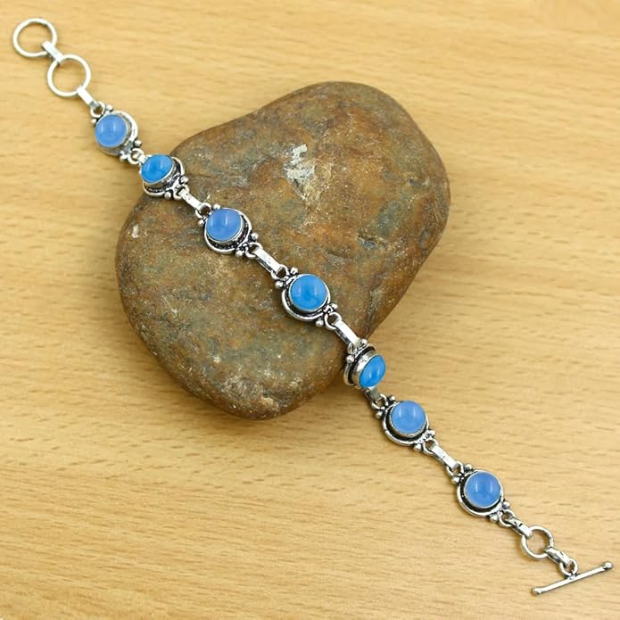 Round Shape Natural & Synthetic Gemstones Silver Plated Bracelets for Women - Vintage Bohemian Style Handmade Birthstone Adjustable Link Bracelet Jewelry Gifts for Wedding Anniversary Mother's Day