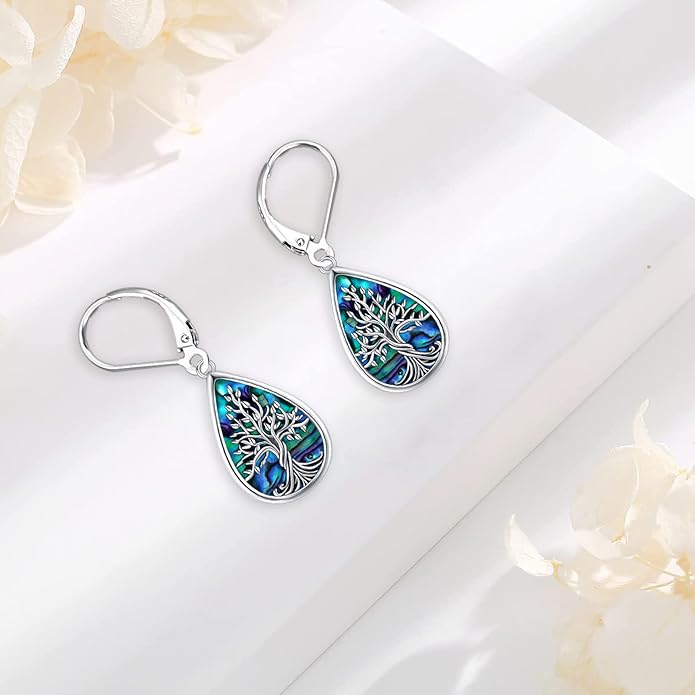 Sterling Silver Tree of Life/Flower/Bee/Animals/Cat/Hummingbird Dangle Earrings Moonstone Turquoise Drop Leverback Earrings Jewelry Gifts