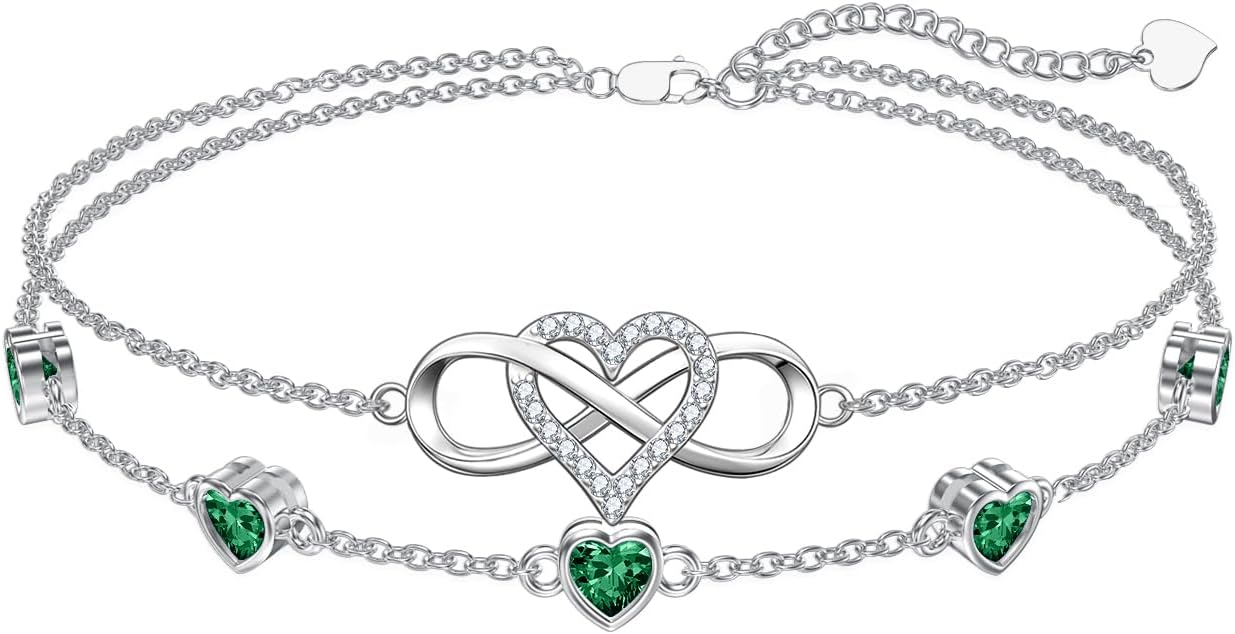Dorunmo 925 Sterling Silver Infinity Heart Birthstone Anklet Bracelets for Women Best Mother's Day Birthday Jewelry for Wife Girlfriend Mom Her