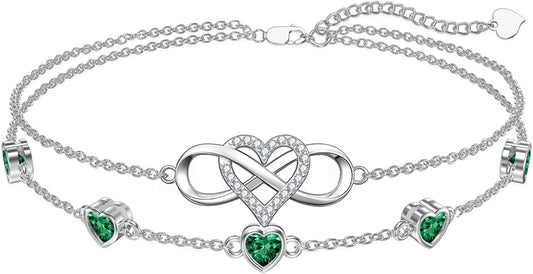 Dorunmo 925 Sterling Silver Infinity Heart Birthstone Anklet Bracelets for Women Best Mother's Day Birthday Jewelry for Wife Girlfriend Mom Her