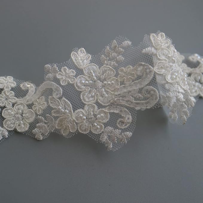 G-RUI 6cm*2yards Ivory White Luxury Beaded Embroidery Flower lace Appliques for Wedding Dresses Rhinestone Applique Patches Embroidery lace parches ropa (Off White Color)…