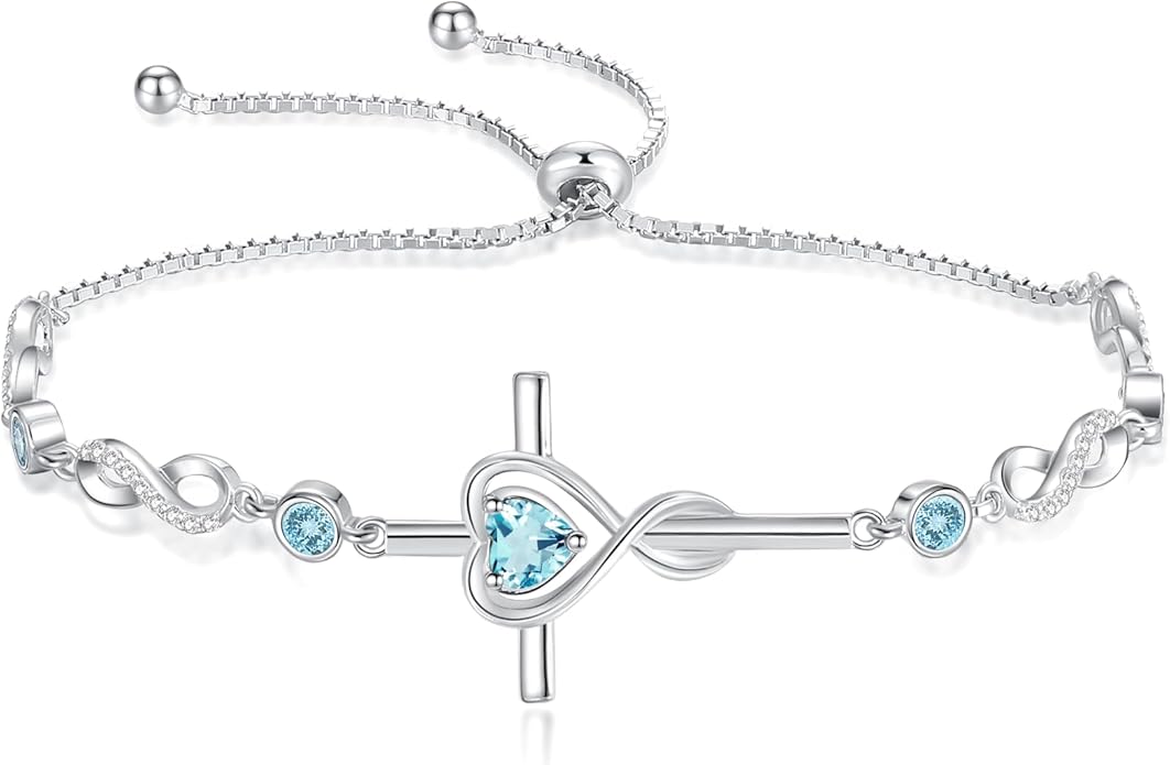 FANCIME Gift for Women Cross Bracelet 925 Sterling Silver Heart Birthstone Bracelet Fine Jewelry Birthday Gifts for Her Women