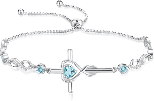 FANCIME Gift for Women Cross Bracelet 925 Sterling Silver Heart Birthstone Bracelet Fine Jewelry Birthday Gifts for Her Women