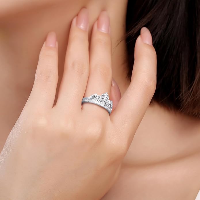 Princess Crown Ring, Round Cut Moissanite, Cubic Zirconia, Lab Grown or Natural Diamond Promise Ring for Women in 14K Gold Plated 925 Sterling Silver Jewelry Gift for Her