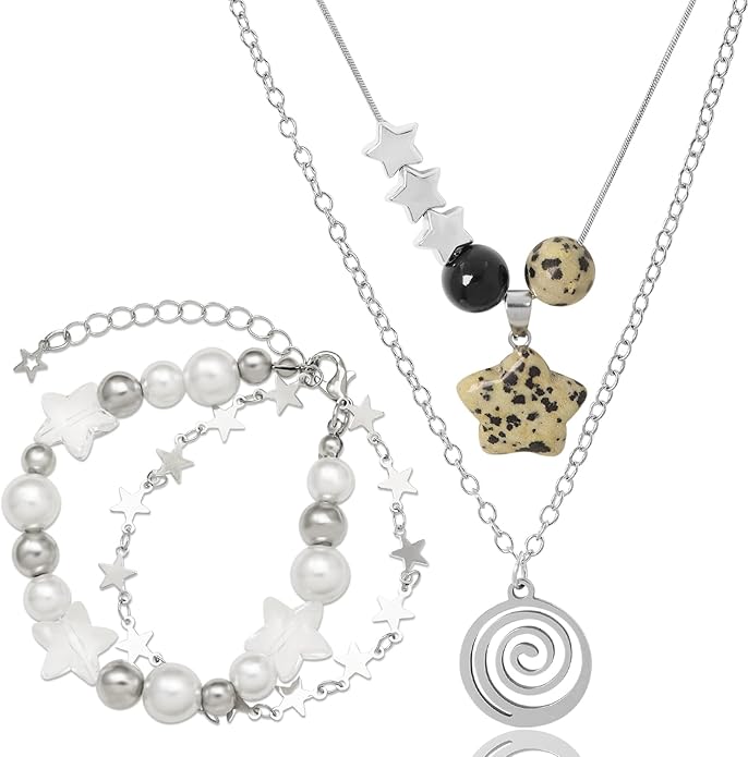 Multilayer Y2k Star Necklace Fairy Grunge Bracelets Set Handmade Fairycore Grunge Jewelry Gothic Swirl Star Necklace Punk Rock Roll Music Guitar Grunge Accessories for Women Men
