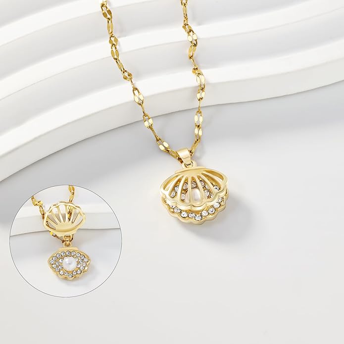 Shell Necklace for Women,14k Gold Plated Layered Starfish Conch SeaShell Pearl Pendant Charm Necklace,Non Tarnish Adjustable Stainless Steel Chain Stack Jewerly for Summer Beach Vacation