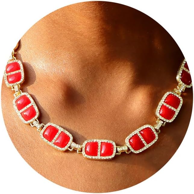 Chunky Necklace for Women 12 Colors Diamond Stone Gold Statement Necklace for Women Full Trendy Blue Birthstone Choker Necklace for Women Square Design Necklace Jewelry