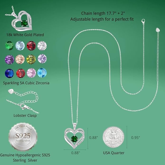 Birthstone Heart Necklace for Women Wife Girlfriend Mom Daughter Gifts S925 Silver Jewelry For Anniversary Rose Gold Gifts For Birthday Christmas Mothers Valentines Day