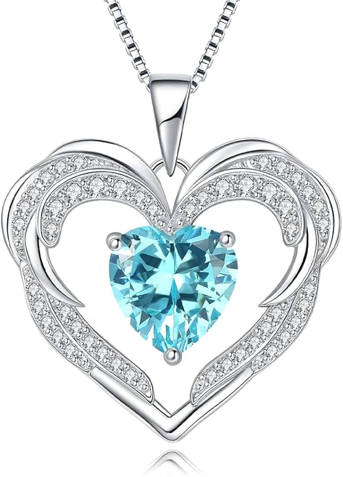 Heart Necklaces Valentine's Gift for Women, Birthstone 925 Sterling Silver Angel Wings Love Pendant Necklaces for Women, Jewelry Gifts for Wife, Anniversary, Mother's day
