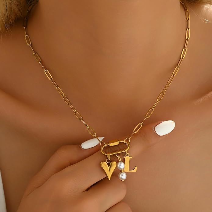 Gold Heart Initial Necklaces for Women 18K Gold Plated Dainty Pearl Letter Necklace Personalized Monogram Name A-Z Pendant Everyday Jewelry for Women