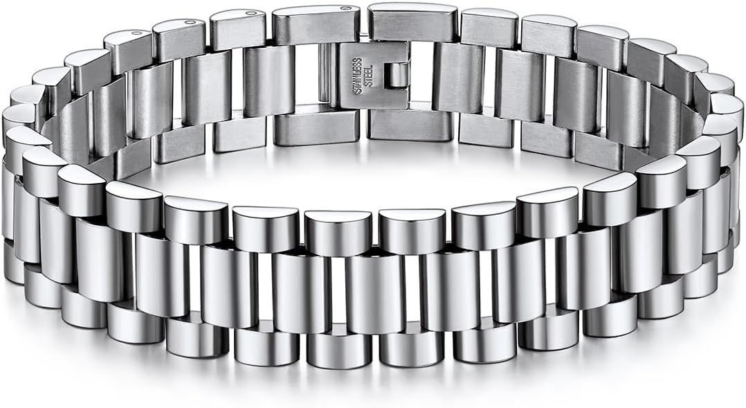 U7 Link Bracelets for Men, Cuban Link/Rope/Watch Band Solid Bracelet, Silver Black Gold Color Wrist Bracelet 3/6/9/12/15mm Width, 6.5/7.5/8.3 Inch Length, Hand Chain Jewelry for Mens Women
