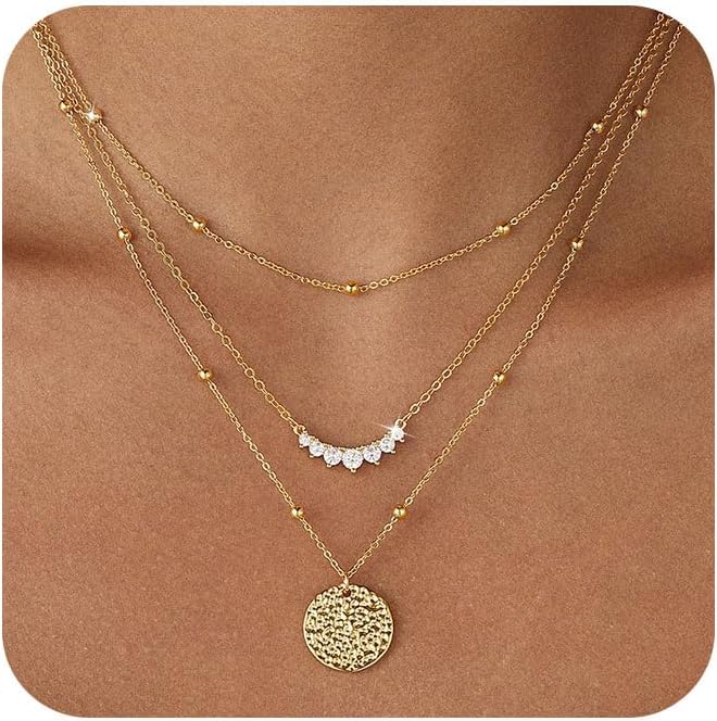 Layered Gold Necklace for Women Trendy 14K Gold Plated Heart CZ Pendant Layered Gold Necklaces Set Coin Choker Necklaces Simple Circle Cubic Zirconia Pearl Necklace Stack Herringbone Paperclip Chain Jewelry Set