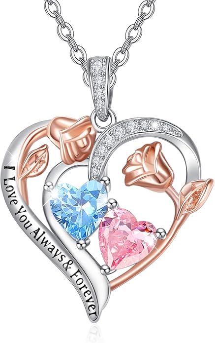 Zeuslia Double Birthstone Necklace Gifts for Wife - 925 Sterling Silver Sunflower/Rose/Crown Cross/Compass/Heart Pendant I Love You Necklace, Anniversary Birthday Gifts for Wife Girlfriend Mom Her