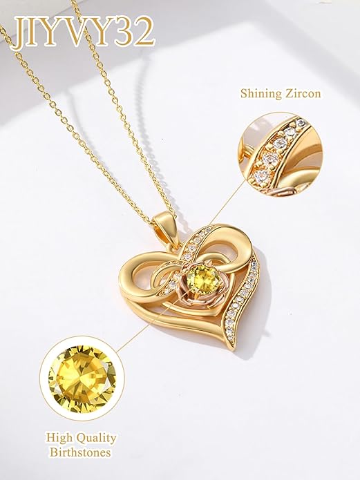 Infinite Heart Birthstone Necklaces for Women Gold Plated Pendant Wedding Anniversary Birthday Gift for Wife Her Mom Grandma Daughter Jewelry with Round Birthstone