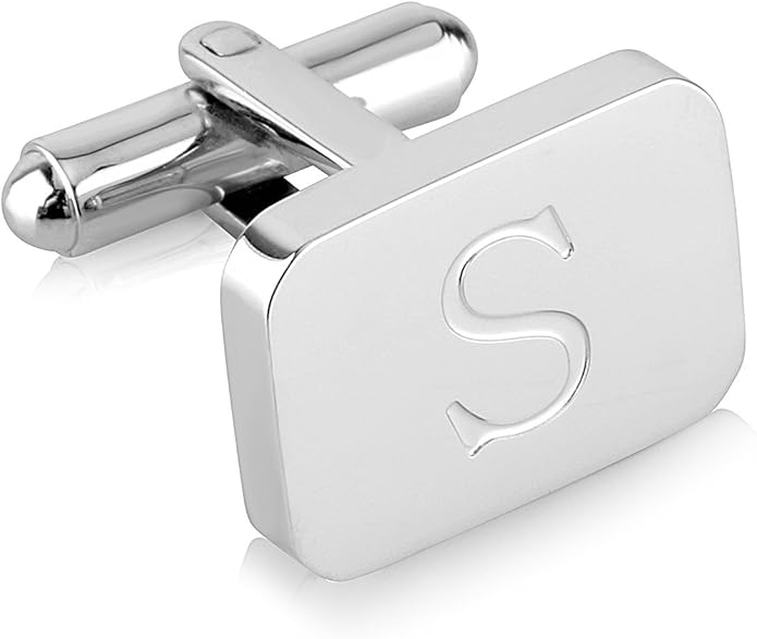 18K White-Gold Plated Initial Engraved Stainless Steel Men’s Cufflinks With Gift Box -Personalized Alphabet Letter’s A-Z By Lux & Pair
