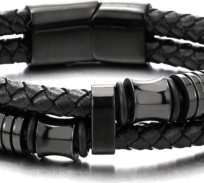 COOLSTEELANDBEYOND Mens Double-Row Braided Leather Bracelet Bangle Wristband with Stainless Steel Ornaments
