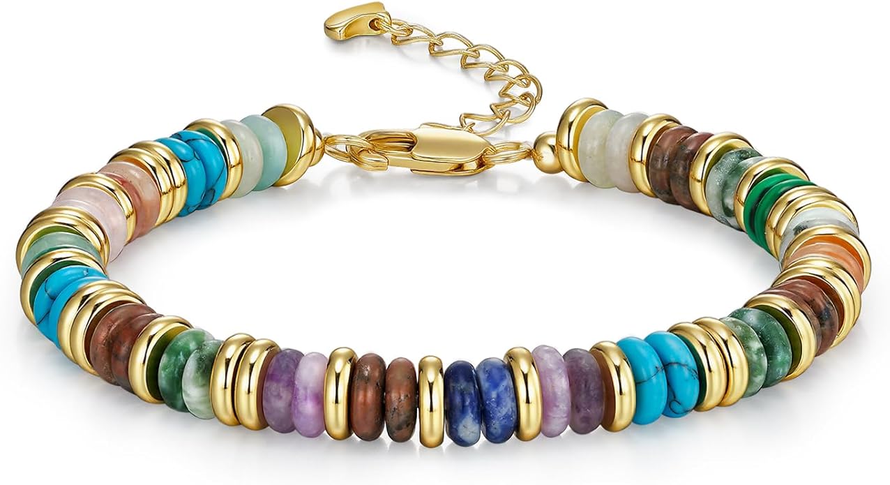 Colorful 18K Gold Plated Bracelets for Women, Stack Bangle Beaded Stone Jewelry Accessories Set for Woman, Trendy Fashion Jewelry Gifts