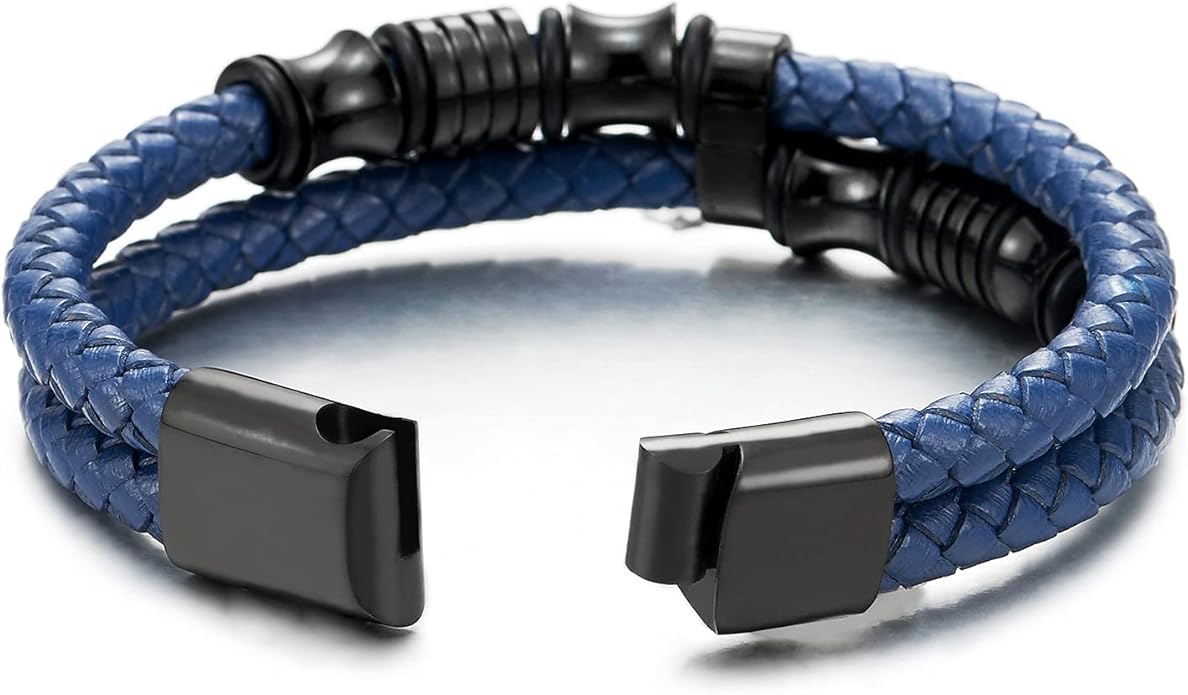 COOLSTEELANDBEYOND Mens Double-Row Braided Leather Bracelet Bangle Wristband with Stainless Steel Ornaments