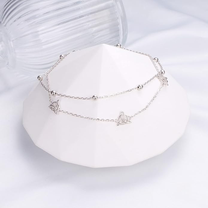 Anklet for Women S925 Sterling Silver Adjustable Foot Evil Eye Starfish Heart Bead Butterfly Celtic Knot Cross Multilayer Layered Ankle Bracelet Jewelry