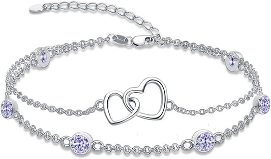 Dorunmo Heart Birthstone Bracelet Anklet for Women 925 Sterling Silver Birthday Jewelry Gifts for Women Wife