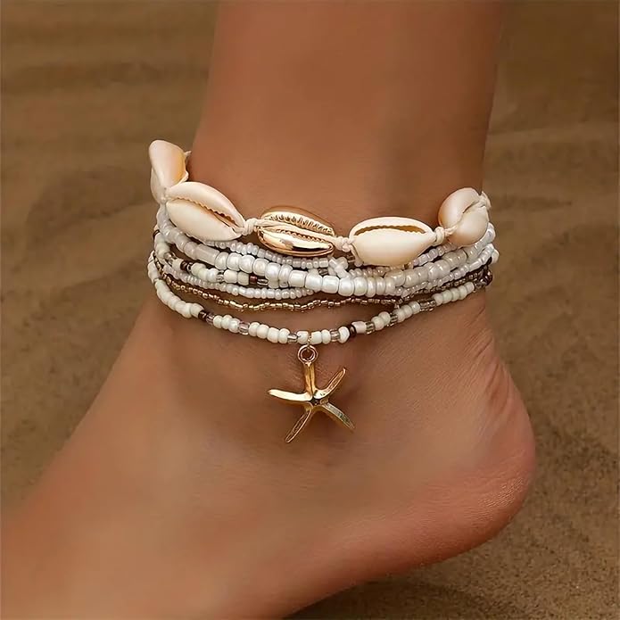 Shell Ankle Bracelet Set for Women, Gold Plated Boho Bead Adjustable Anklet, Hawaiian Beach Seashell Pearl Heart Starfish Conch Foot Jewelry Gifts
