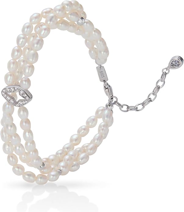 S925 Sterling Silver Four-pointed Star Pearl Bracelets for Women, 8.27 Inch Lucky Freshwater Cultured Pearl Bracelets, Non Tarnish and Hypoallergenic Suitable for Everyday Wear, Perfect Jewelry Gift for Women