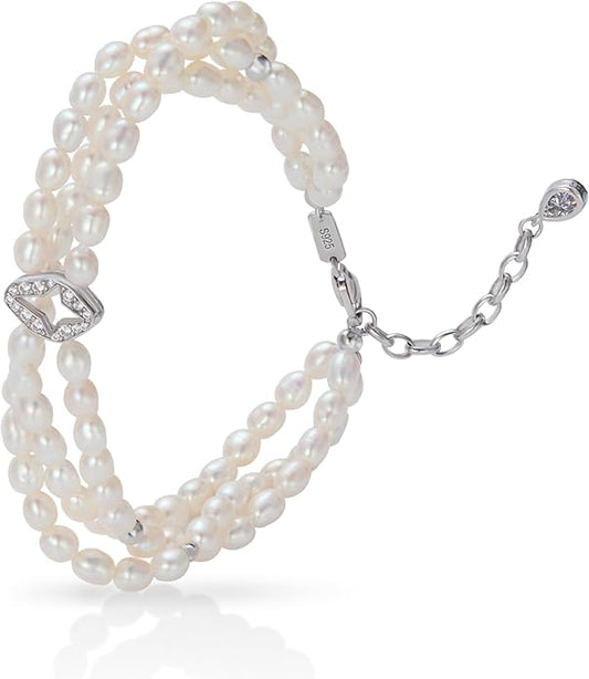 S925 Sterling Silver Four-pointed Star Pearl Bracelets for Women, 8.27 Inch Lucky Freshwater Cultured Pearl Bracelets, Non Tarnish and Hypoallergenic Suitable for Everyday Wear, Perfect Jewelry Gift for Women