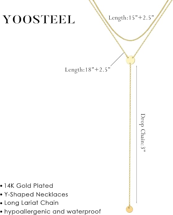 Yoosteel Long Lariat Necklace for Women - Dainty Y-Shaped Necklaces 14K-Gold-Plated Drop Chain Simple Jewelry Trendy Gifts for Women