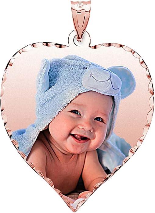 PicturesOnGold.com Personalized Photo Engraved Heart Shaped Picture Necklace with Diamond Cut Edge in Silver, Gold, White Gold or Rose Gold - 1 Inch x 1 Inch