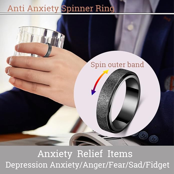 AmorArtSky Anxiety Ring for Women Men, Titanium Stainless Steel Spinner Ring, 5 Colors, 6MM, Size 6-10, 3 Styles Anxiety Ring-Moon Star, Sandblasted Finished, Hollow Outer
