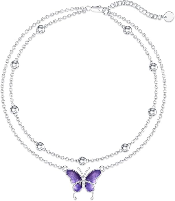 Diamond Butterfly Anklets for Women 925 Sterling Silver Animal Lover Double Layer Ankle Bracelet Jewelry Gift for Mom Wife Sister Friend,9"+2"